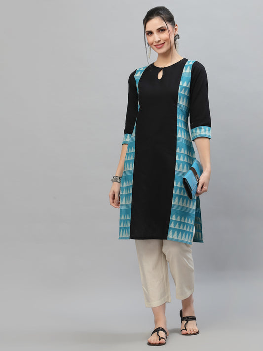 Women Black & Blue Jacquard Cotton Kurta - Kashyap Global Lifestyles LLP