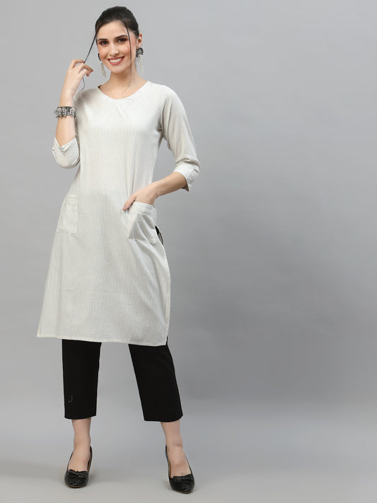 Women White Striped Kurta With Front Pockets - Kashyap Global Lifestyles LLP