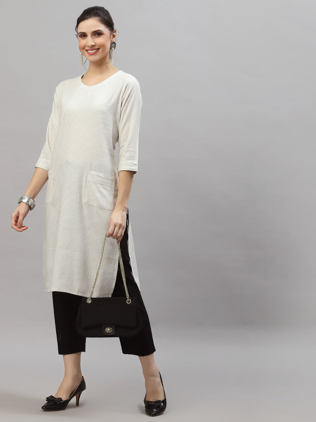 Women White Striped Kurta With Front Pockets - Kashyap Global Lifestyles LLP