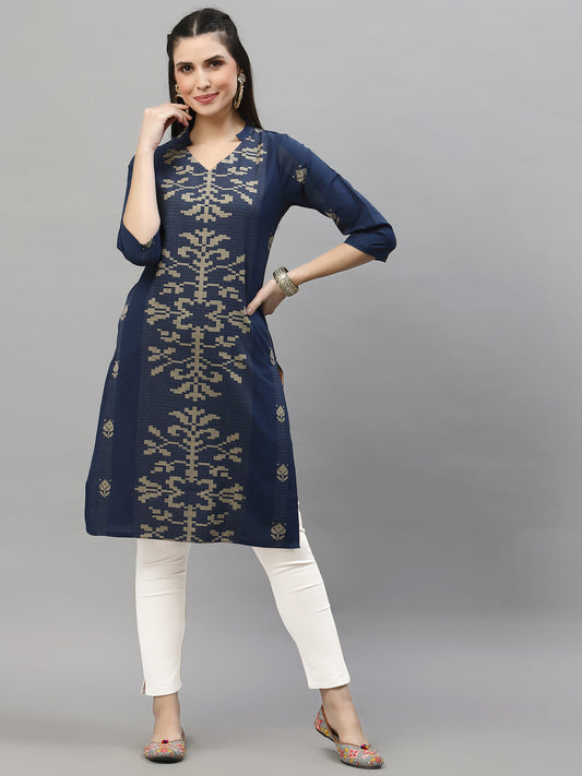 Women Blue Jacquard Woven Design Straight Kurta With Styled Back - Kashyap Global Lifestyles LLP