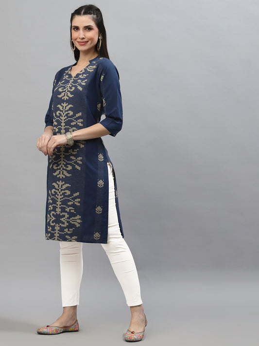 Women Blue Jacquard Woven Design Straight Kurta With Styled Back - Kashyap Global Lifestyles LLP