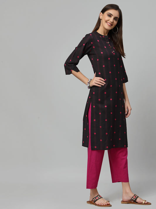 Women Black Mandrian Collar Woven Design Kurta - Kashyap Global Lifestyles LLP
