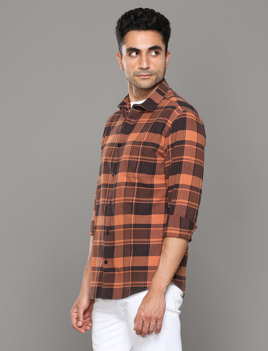 Men Orange Checked Regular Fit Flannel Cotton Casual Shirt - Kashyap Global Lifestyles LLP