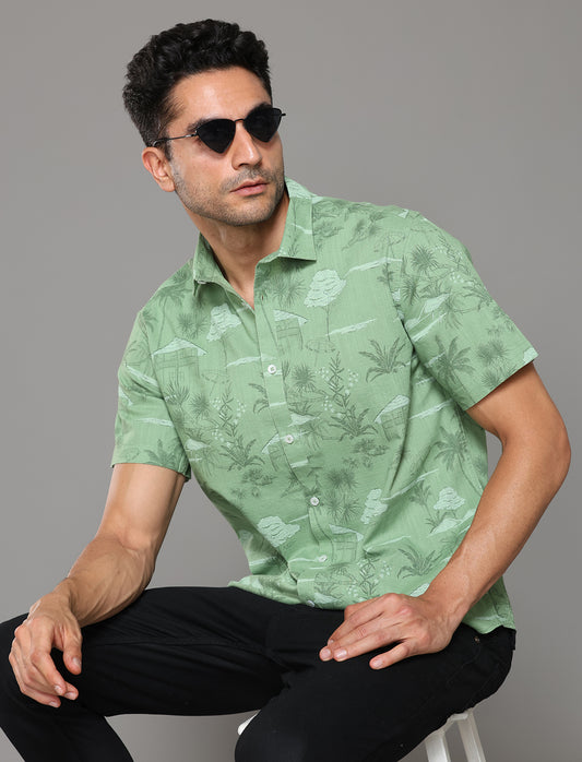 Men Green Printed Hawaiian Short Sleeves Shirt - Kashyap Global Lifestyles LLP