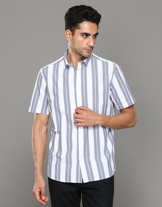 Men White & Grey Striped Short Sleeves Shirt - Kashyap Global Lifestyles LLP