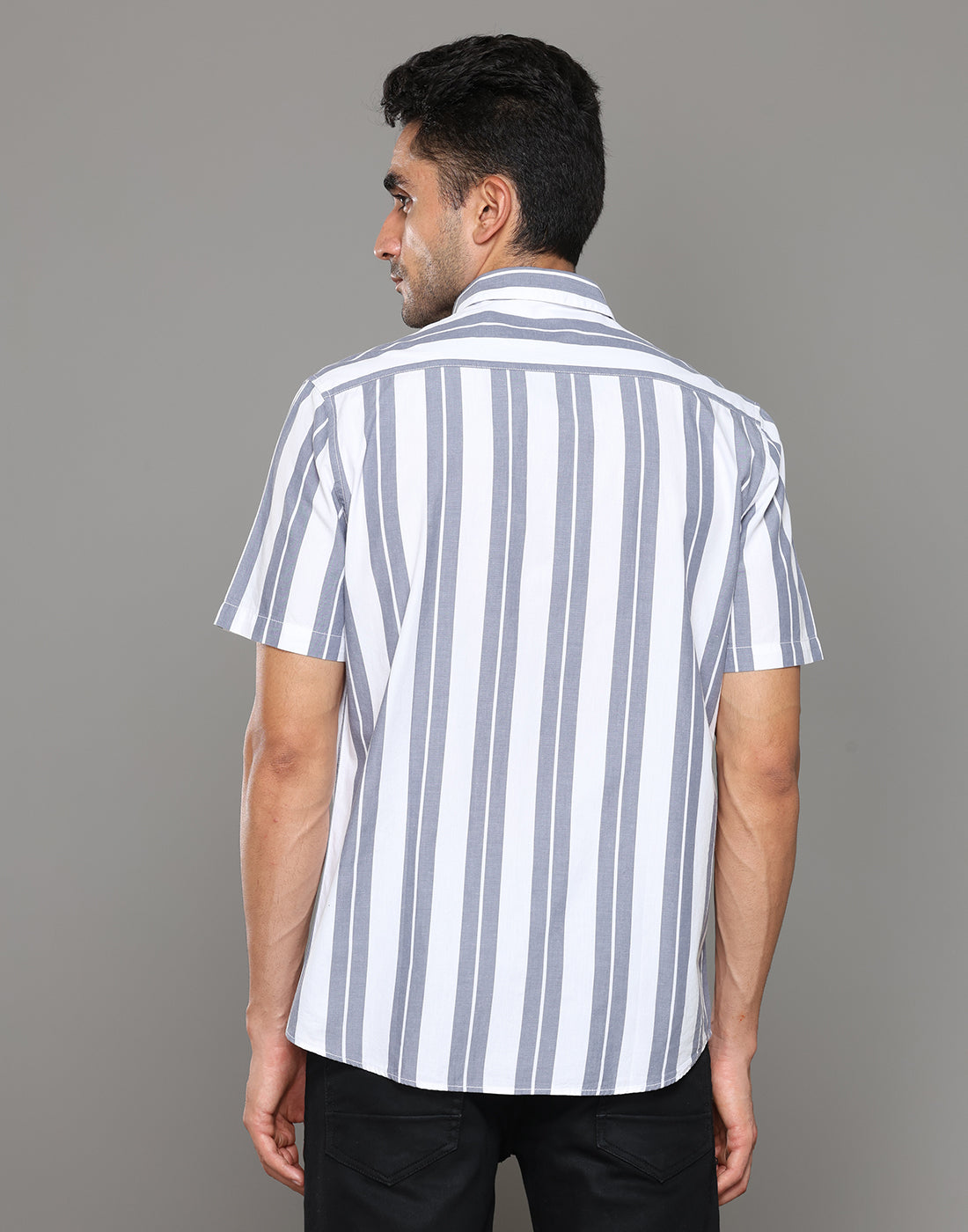 Men White & Grey Striped Short Sleeves Shirt - Kashyap Global Lifestyles LLP