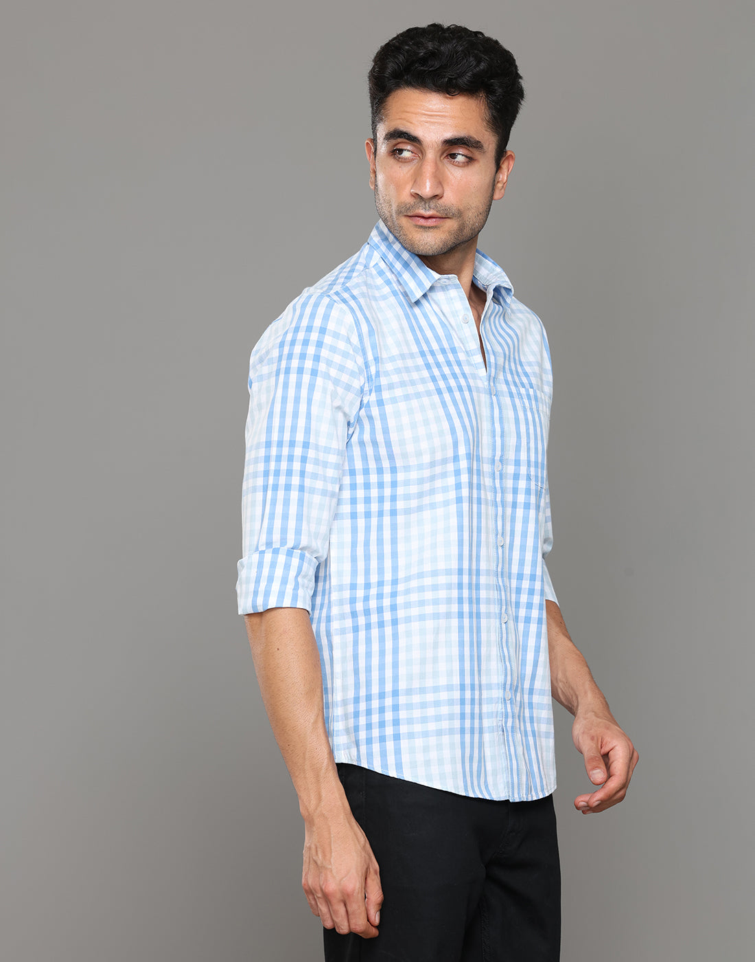 Men Cotton Checked Blue Shirt - Kashyap Global Lifestyles LLP