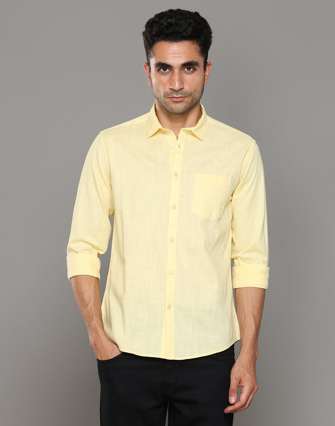 Men Yellow Amsler Slub Solid Casual Shirt - Kashyap Global Lifestyles LLP