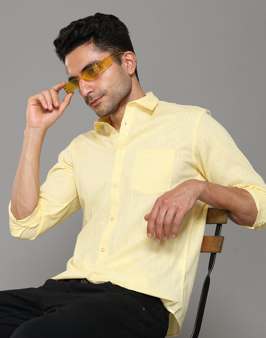 Men Yellow Amsler Slub Solid Casual Shirt - Kashyap Global Lifestyles LLP