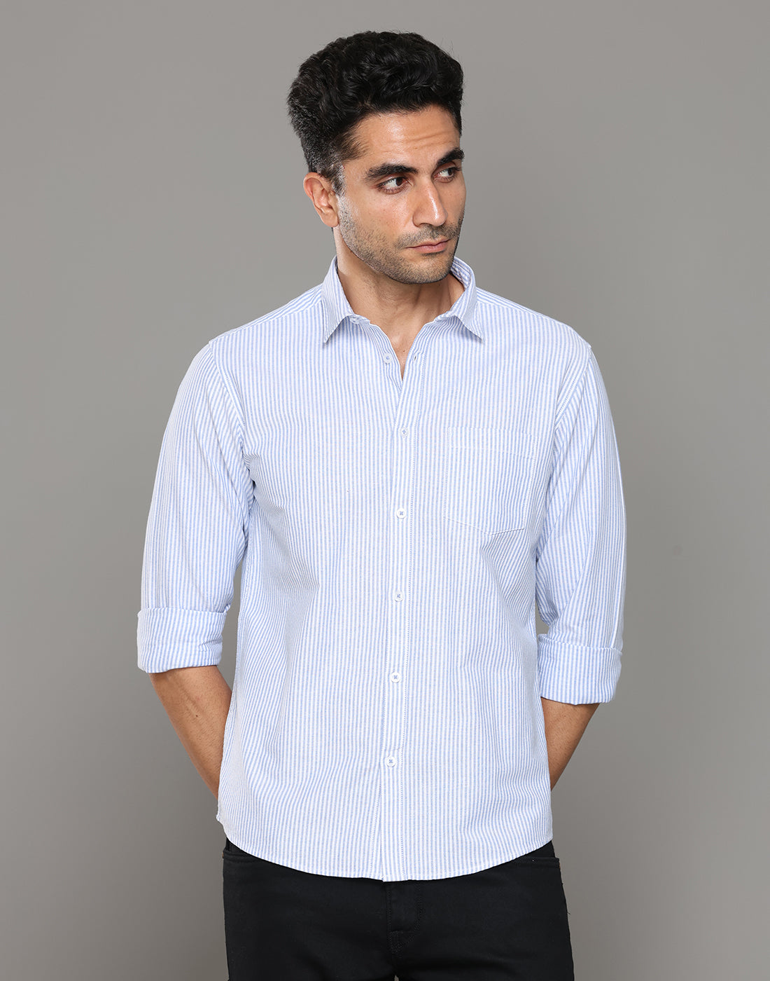 Men Striped Sky Blue Cotton Shirt - Kashyap Global Lifestyles LLP