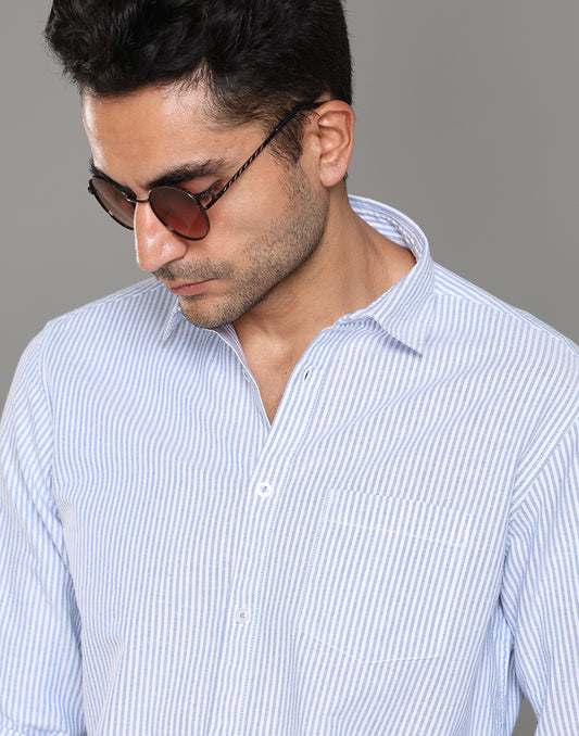 Men Striped Sky Blue Cotton Shirt - Kashyap Global Lifestyles LLP