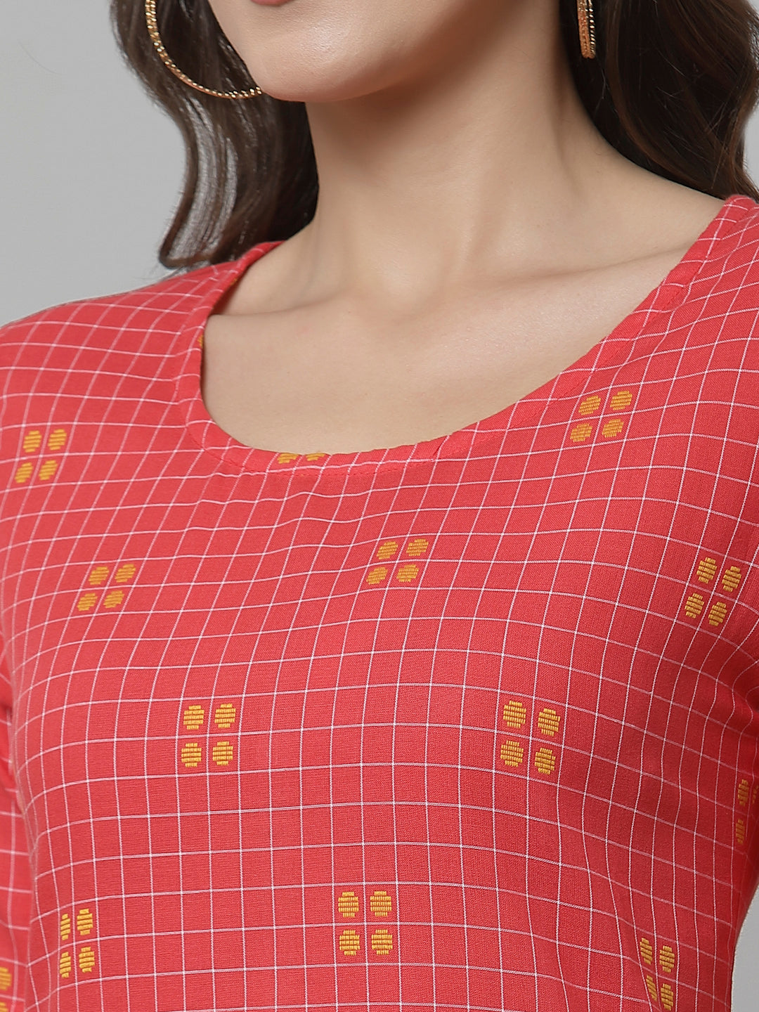 Women Rose Woven Design Checked High-Low Cotton Kurta - Kashyap Global Lifestyles LLP