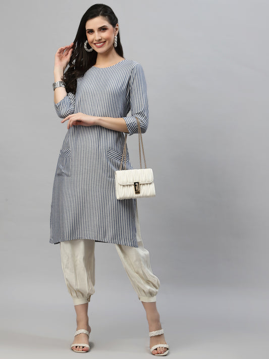 Women Blue Striped Kurta With Front Pockets - Kashyap Global Lifestyles LLP