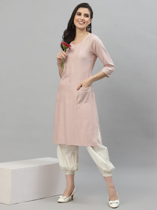 Women Peach Striped Kurta With Front Pockets - Kashyap Global Lifestyles LLP