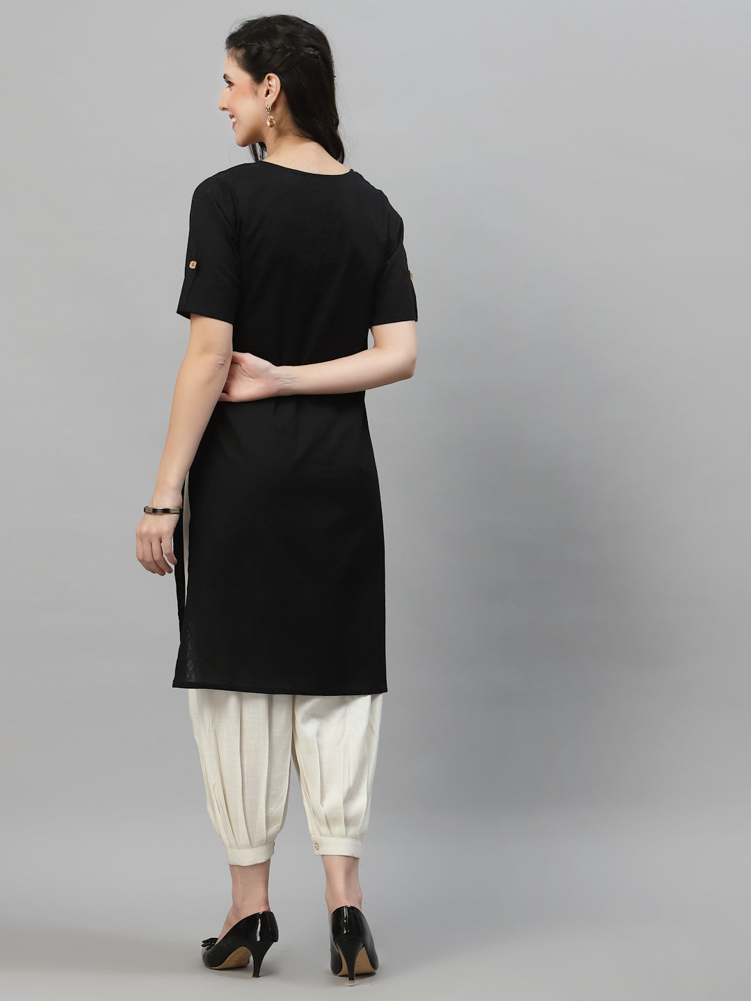 Women Black Cotton Solid Knee Length Kurta - Kashyap Global Lifestyles LLP