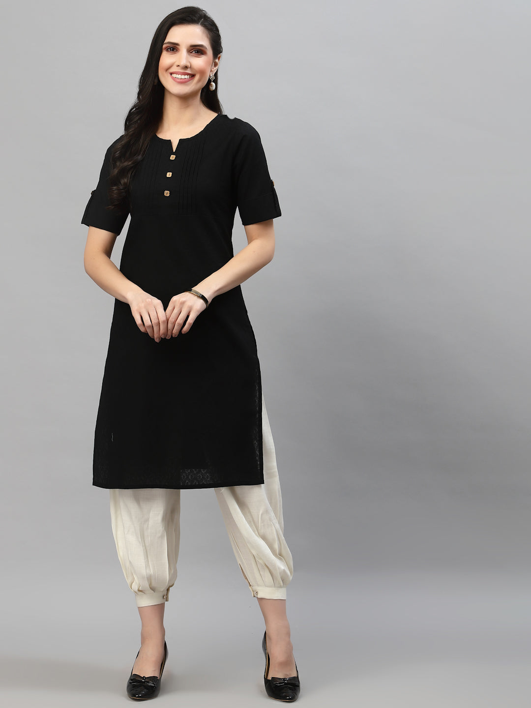 Women Black Cotton Solid Knee Length Kurta - Kashyap Global Lifestyles LLP