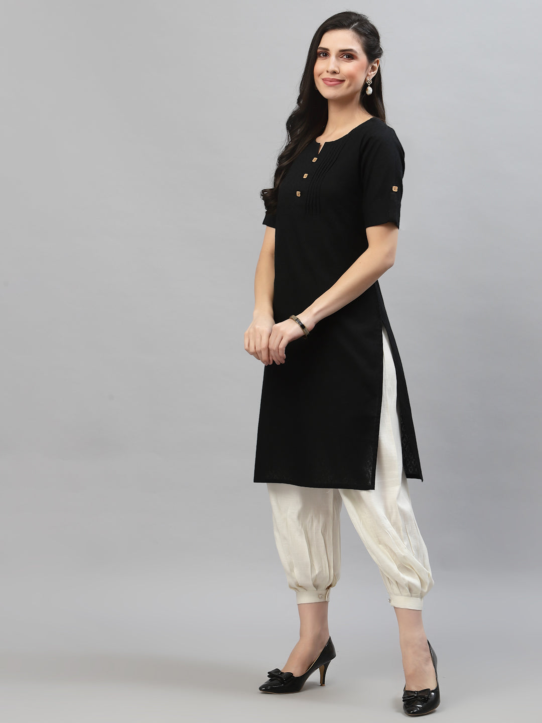 Women Black Cotton Solid Knee Length Kurta - Kashyap Global Lifestyles LLP