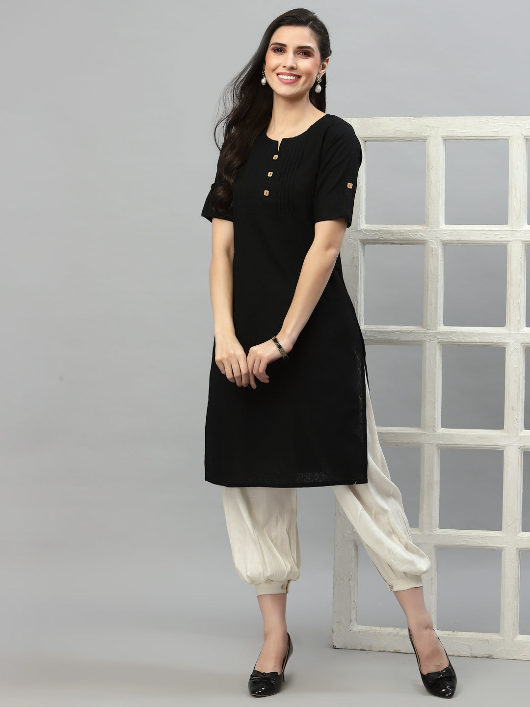 Women Black Cotton Solid Knee Length Kurta - Kashyap Global Lifestyles LLP