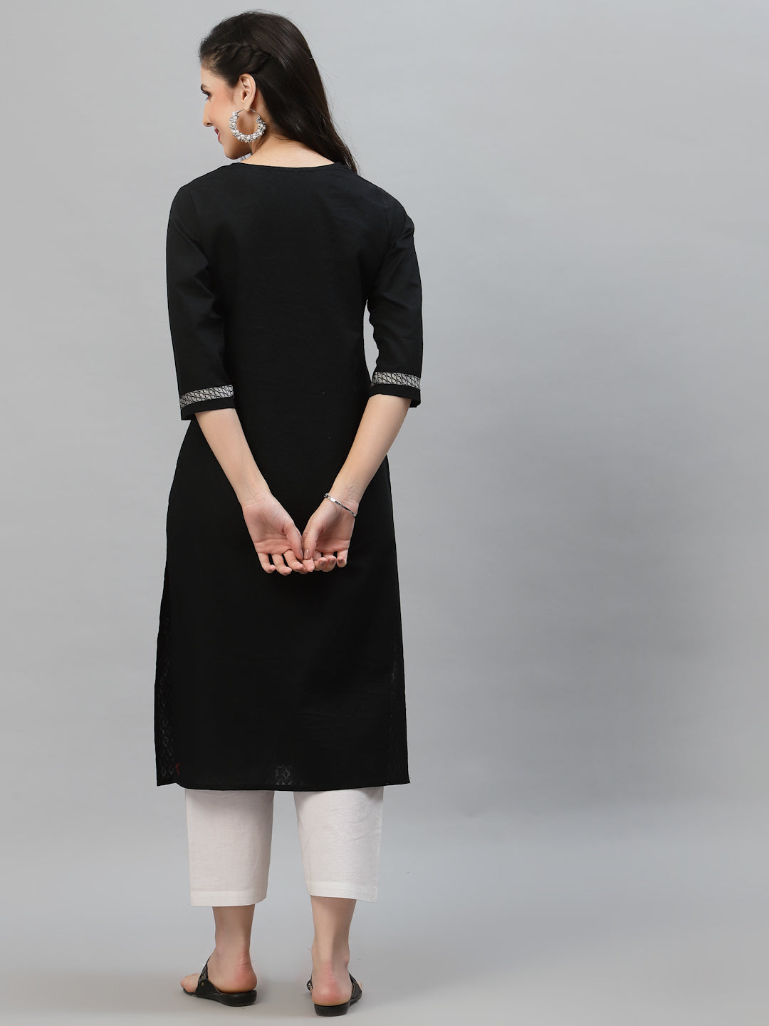 Women Black Self Dobby Calf Length Kurta - Kashyap Global Lifestyles LLP