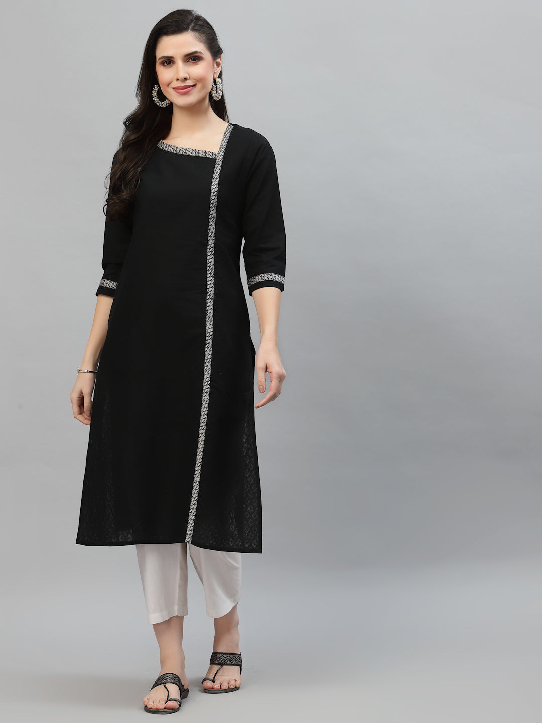 Women Black Self Dobby Calf Length Kurta - Kashyap Global Lifestyles LLP