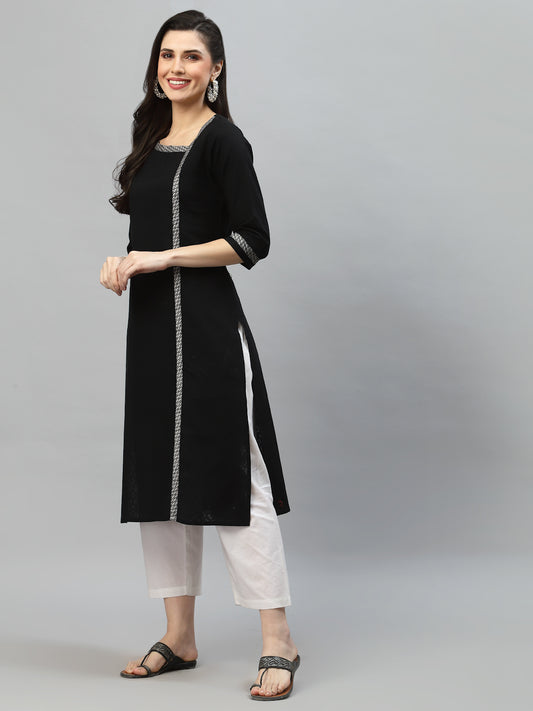 Women Black Self Dobby Calf Length Kurta - Kashyap Global Lifestyles LLP