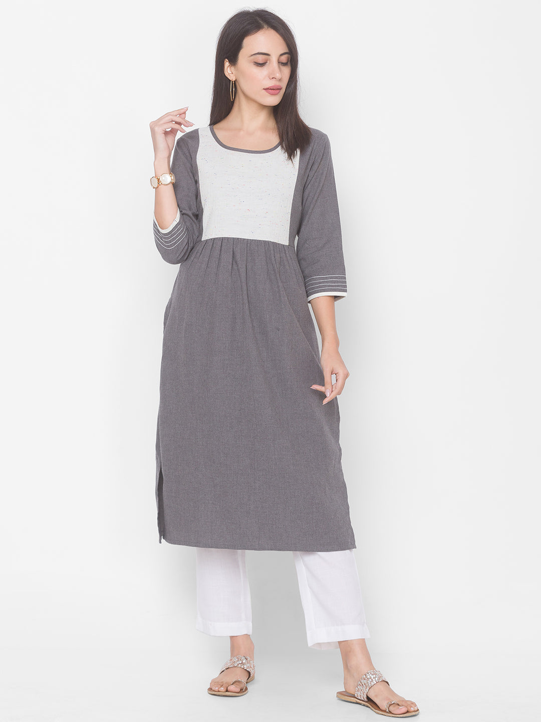 Women Grey Round Neck Flared Kurta - Kashyap Global Lifestyles LLP