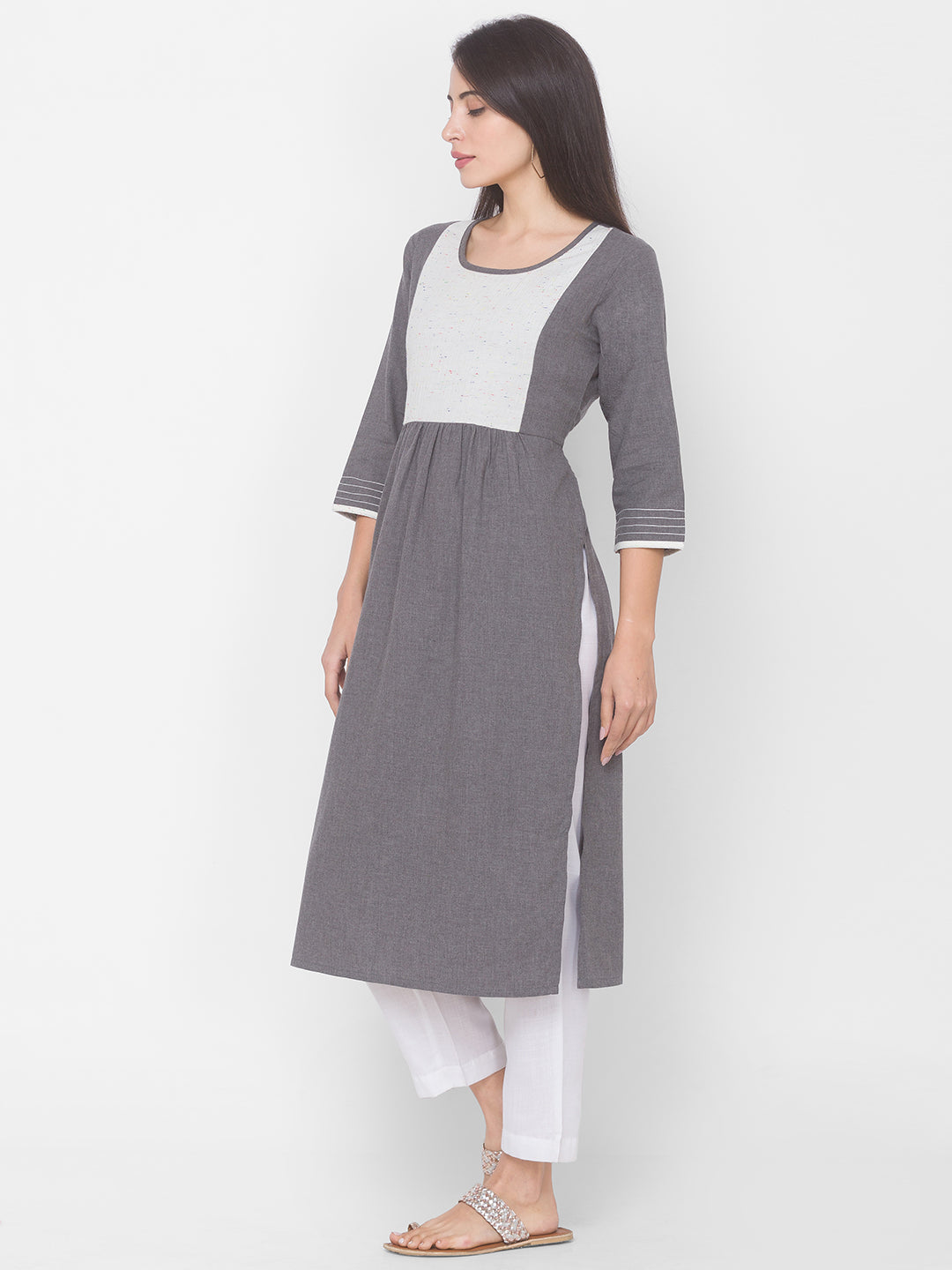 Women Grey Round Neck Flared Kurta - Kashyap Global Lifestyles LLP