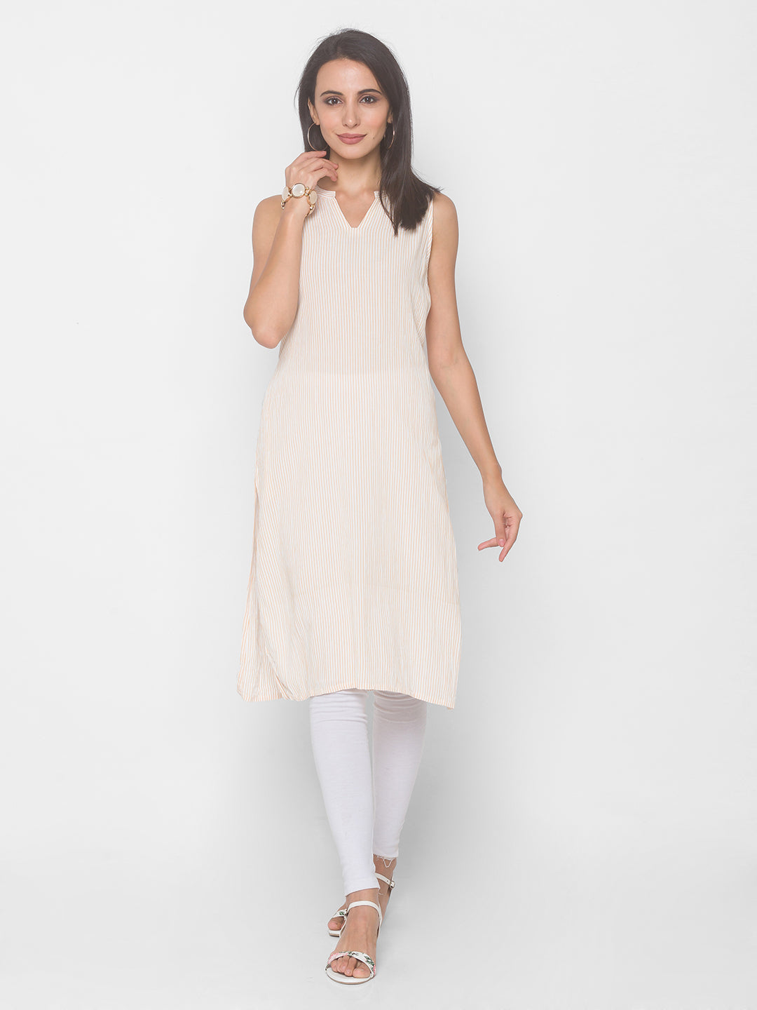 Women White & Orange Sleeveless Kurta - Kashyap Global Lifestyles LLP