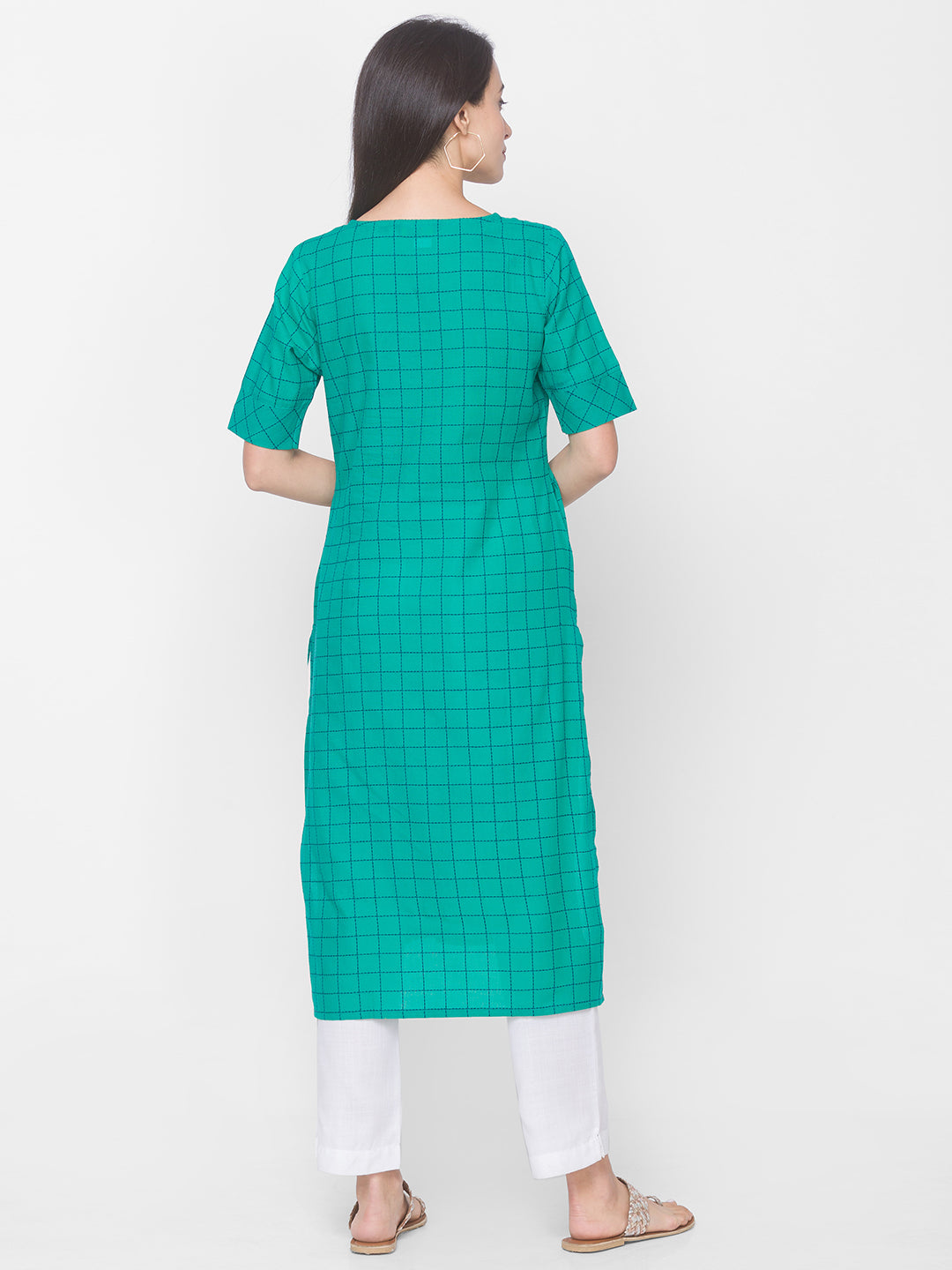 Women Green Cotton Checkered Kurta - Kashyap Global Lifestyles LLP