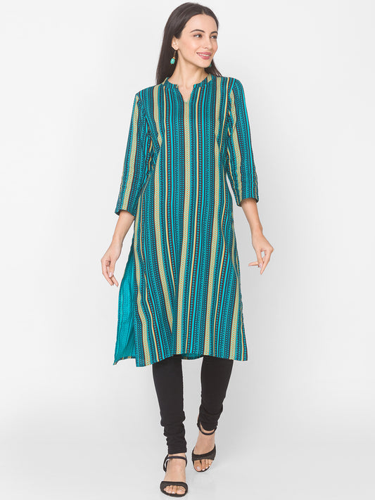 Women Blue Printed Viscose Kurta - Kashyap Global Lifestyles LLP