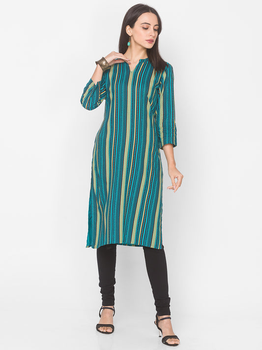 Women Blue Printed Viscose Kurta - Kashyap Global Lifestyles LLP