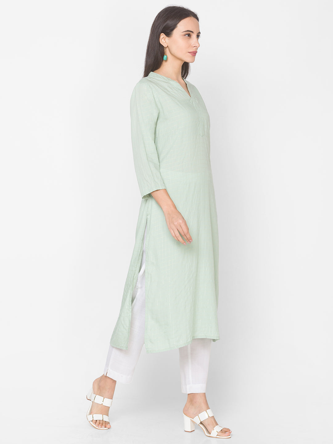 Women Mint Green Checkered Straight Kurta - Kashyap Global Lifestyles LLP