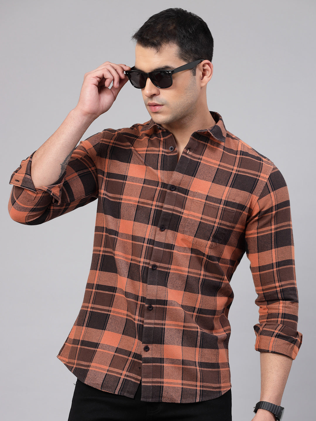 Men Orange Checked Regular Fit Flannel Cotton Casual Shirt - Kashyap Global Lifestyles LLP