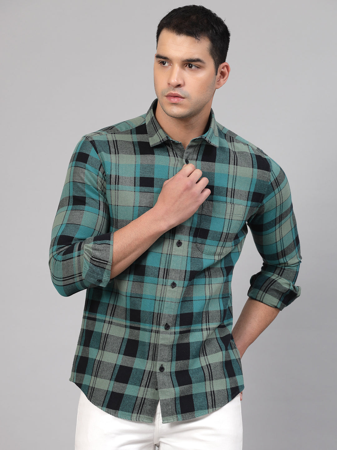 Men Teal Checked Regular Fit Flannel Cotton Casual Shirt - Kashyap Global Lifestyles LLP