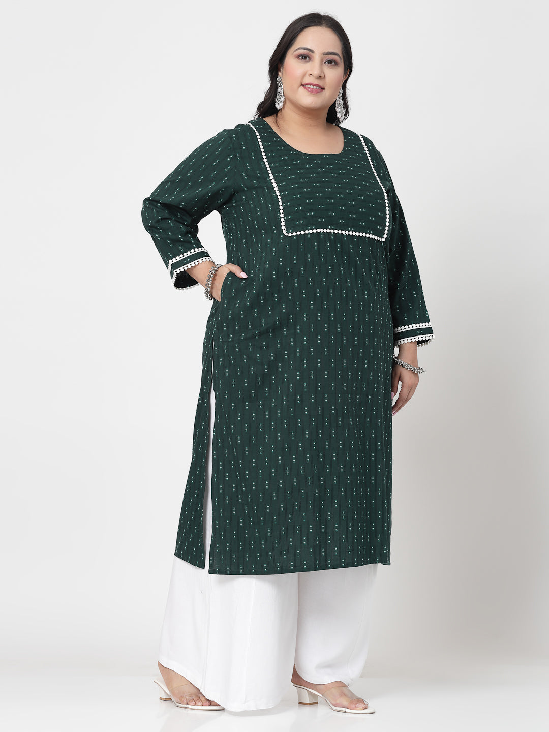 Women Plus Size Dark Green Cotton Dobby Kurta - Kashyap Global Lifestyles LLP