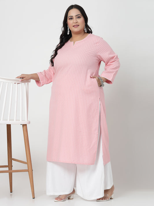 Women Plus Size Baby Pink Striped Yarn-Dyed Kurta - Kashyap Global Lifestyles LLP