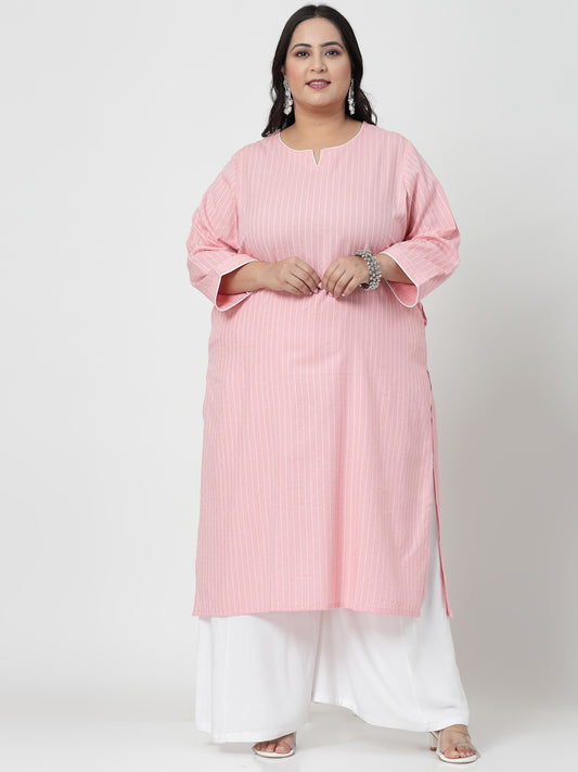 Women Plus Size Baby Pink Striped Yarn-Dyed Kurta - Kashyap Global Lifestyles LLP
