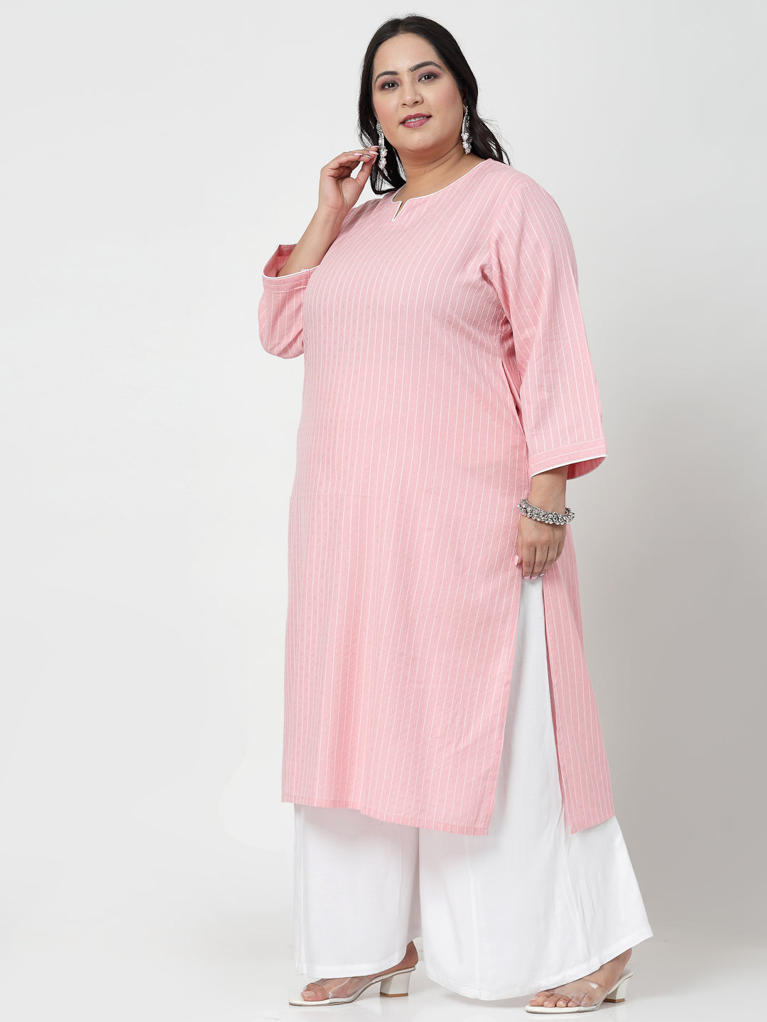 Women Plus Size Baby Pink Striped Yarn-Dyed Kurta - Kashyap Global Lifestyles LLP