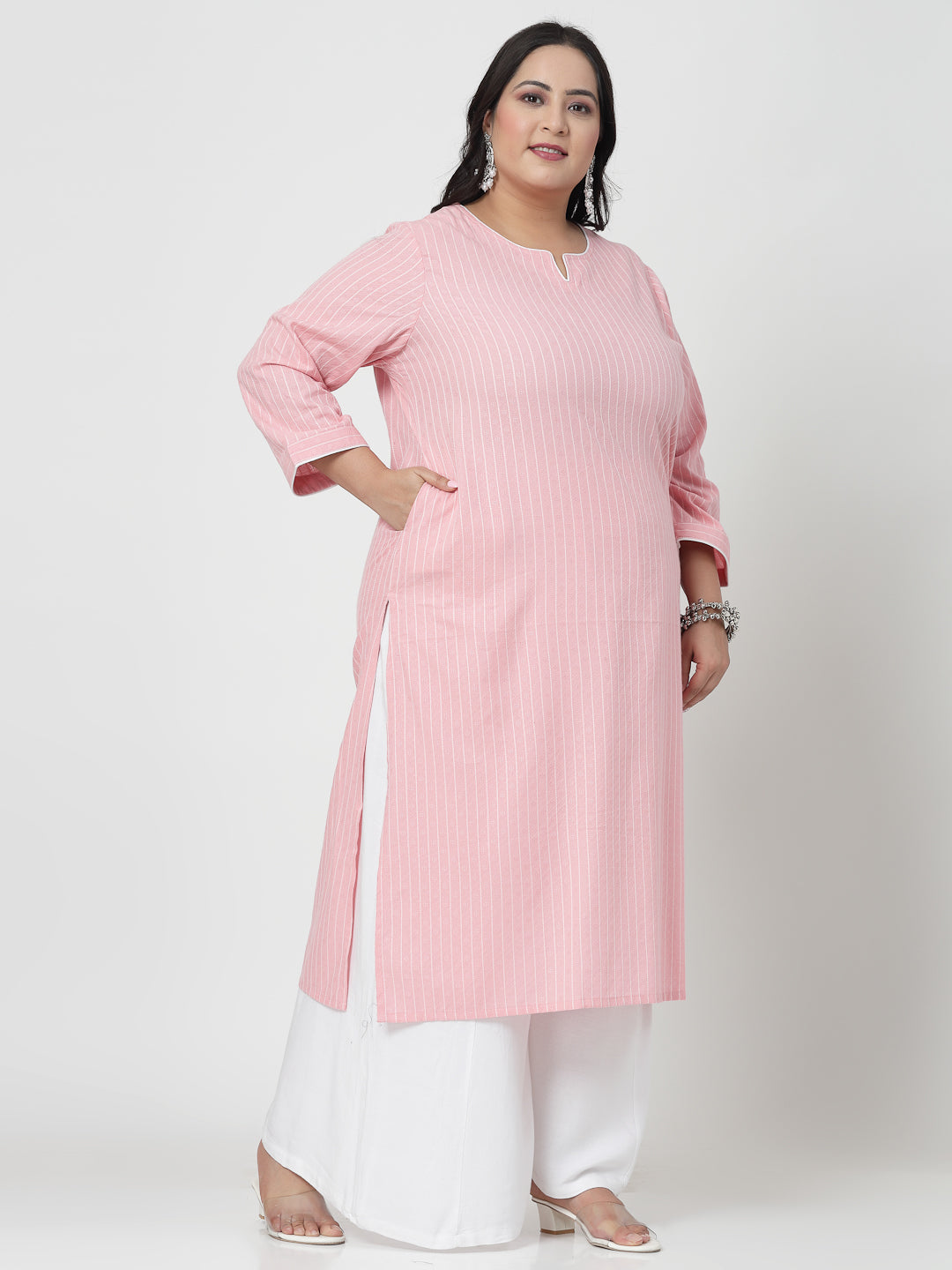 Women Plus Size Baby Pink Striped Yarn-Dyed Kurta - Kashyap Global Lifestyles LLP