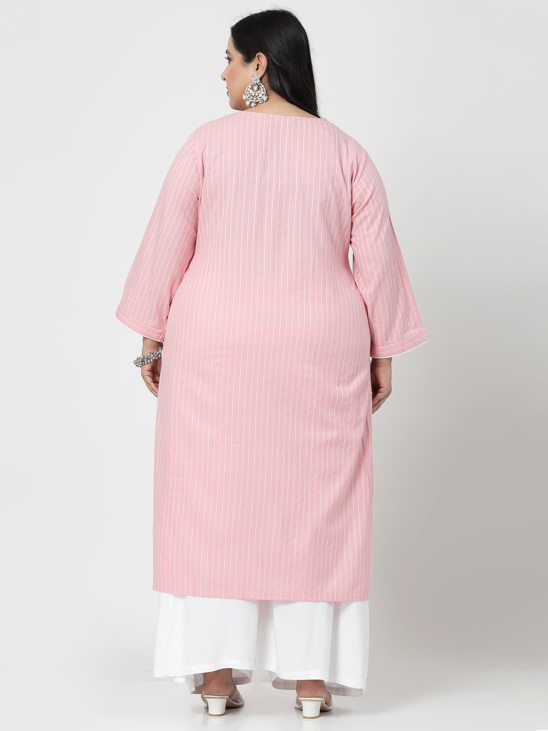 Women Plus Size Baby Pink Striped Yarn-Dyed Kurta - Kashyap Global Lifestyles LLP