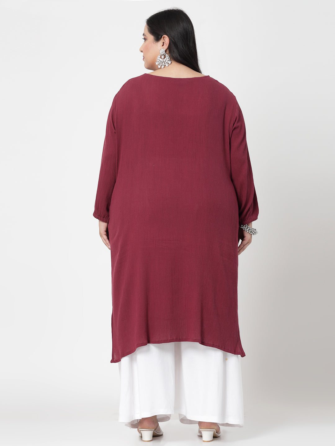 Women Plus Size Maroon Kurta With Embroidered Front - Kashyap Global Lifestyles LLP