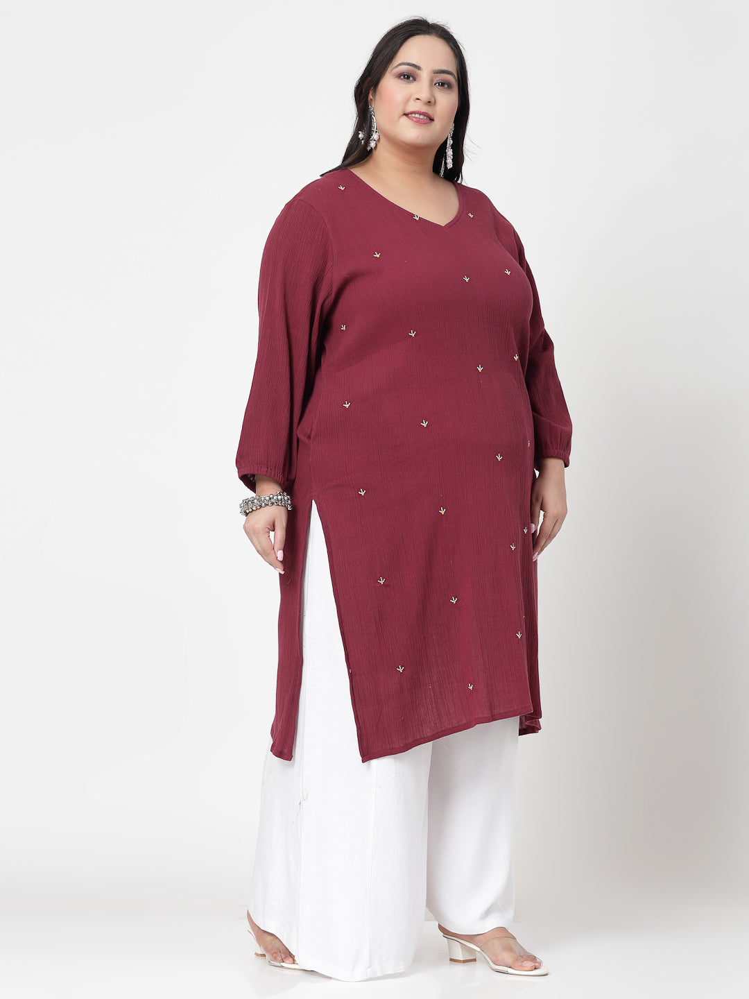 Women Plus Size Maroon Kurta With Embroidered Front - Kashyap Global Lifestyles LLP