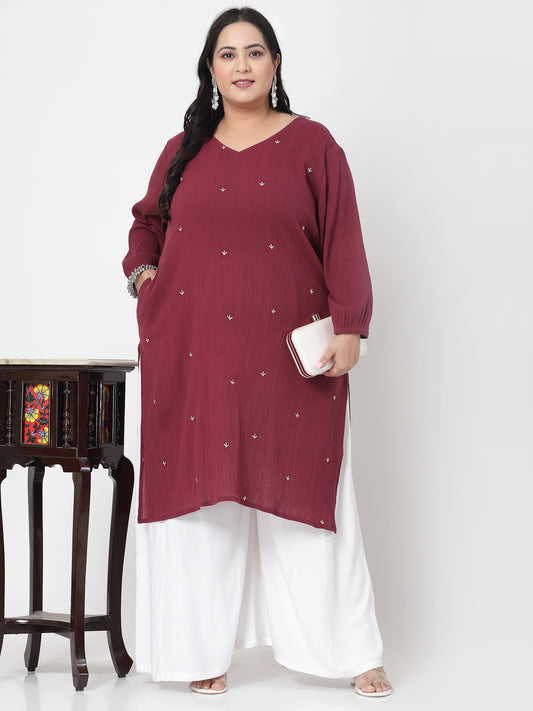 Women Plus Size Maroon Kurta With Embroidered Front - Kashyap Global Lifestyles LLP