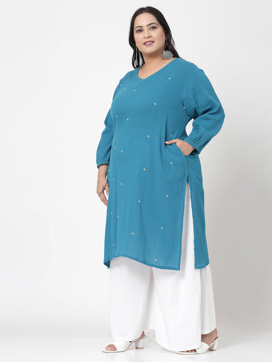 Women Plus Size Blue Kurta With Embroidered Front - Kashyap Global Lifestyles LLP