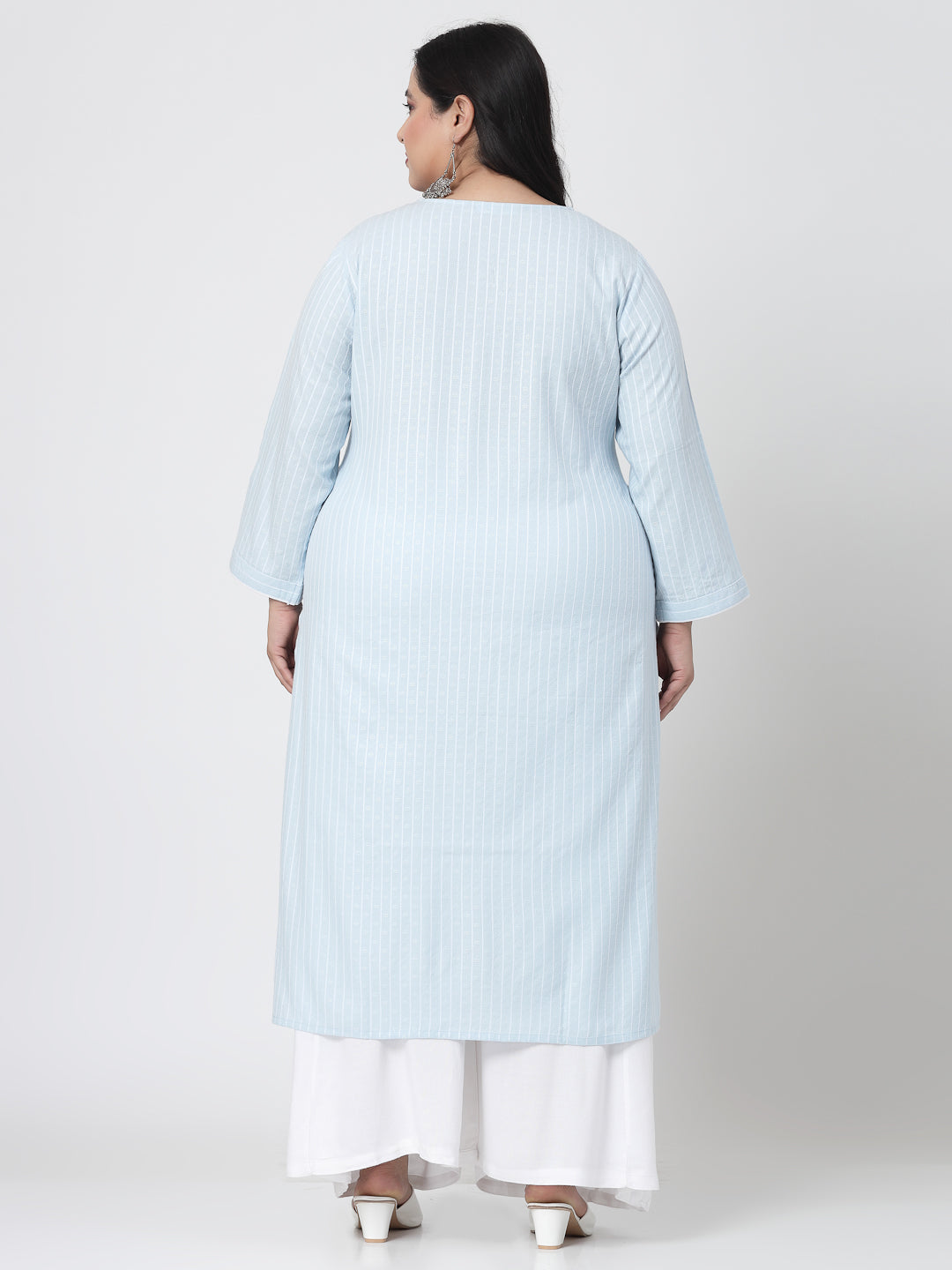 Women Plus Size Sky Blue Striped Yarn-Dyed Kurta - Kashyap Global Lifestyles LLP