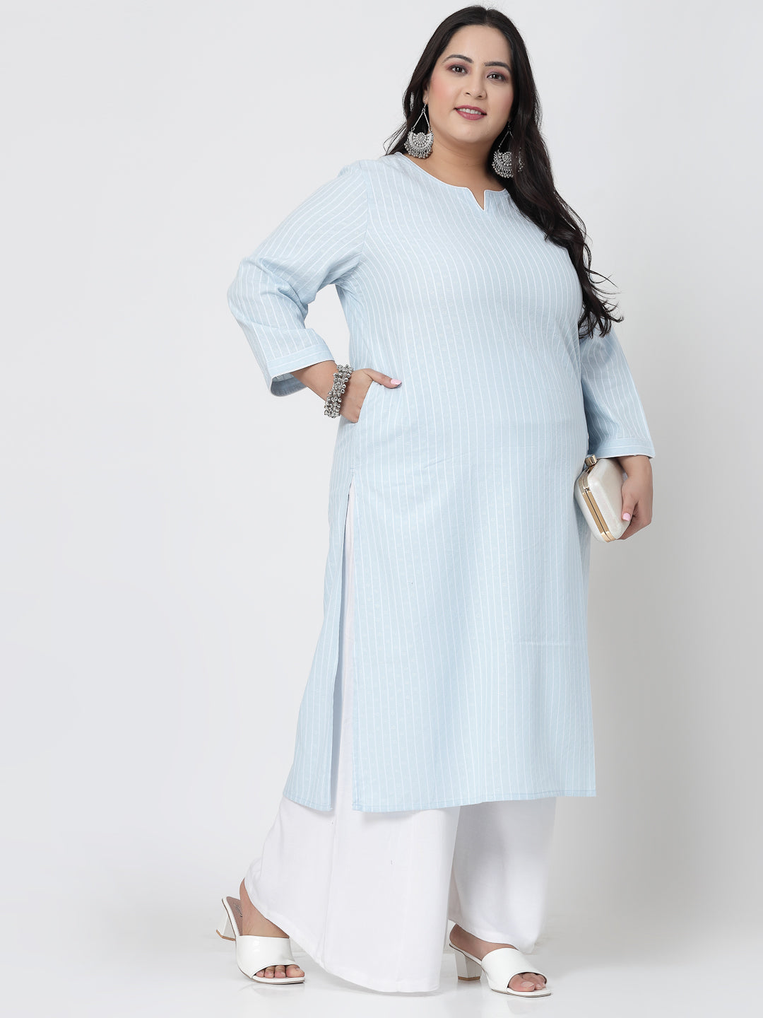 Women Plus Size Sky Blue Striped Yarn-Dyed Kurta - Kashyap Global Lifestyles LLP
