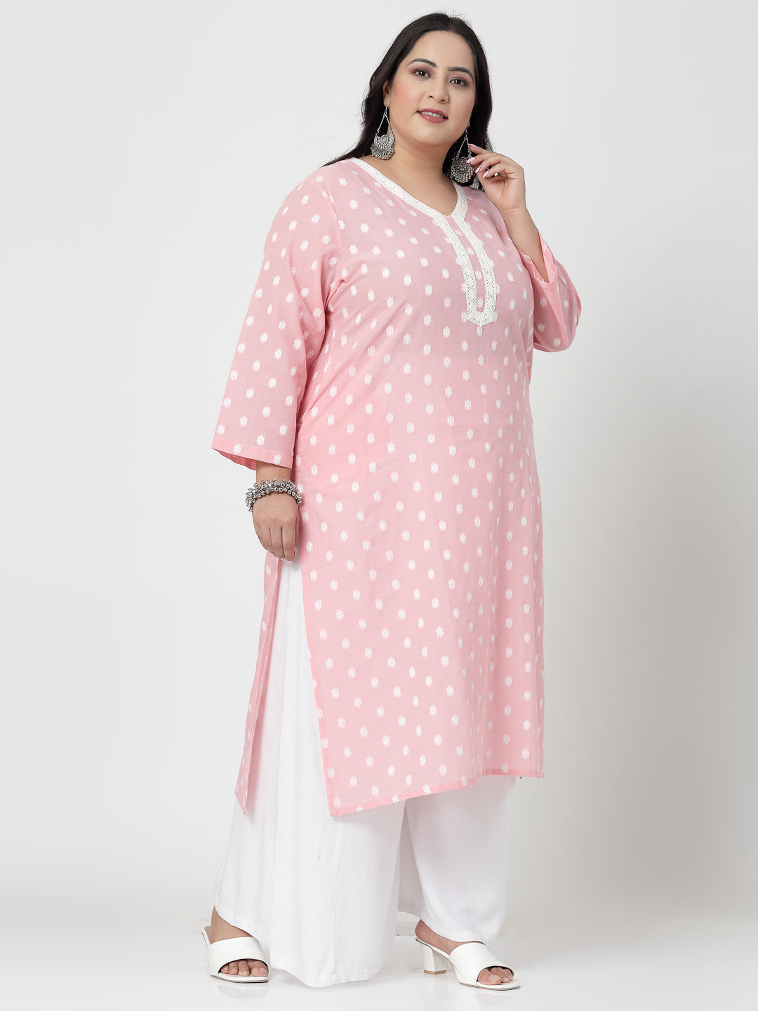 Women Baby Pink Plus Size Cotton Dobby Kurta With Lace - Kashyap Global Lifestyles LLP