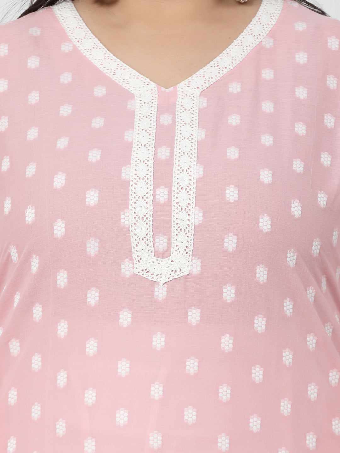Women Baby Pink Plus Size Cotton Dobby Kurta With Lace - Kashyap Global Lifestyles LLP