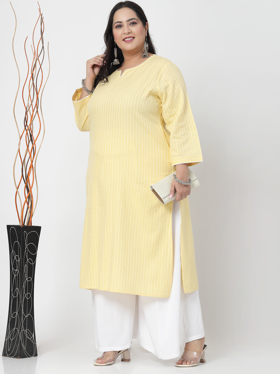 Women Plus Size Yellow Striped Yarn-Dyed Kurta - Kashyap Global Lifestyles LLP
