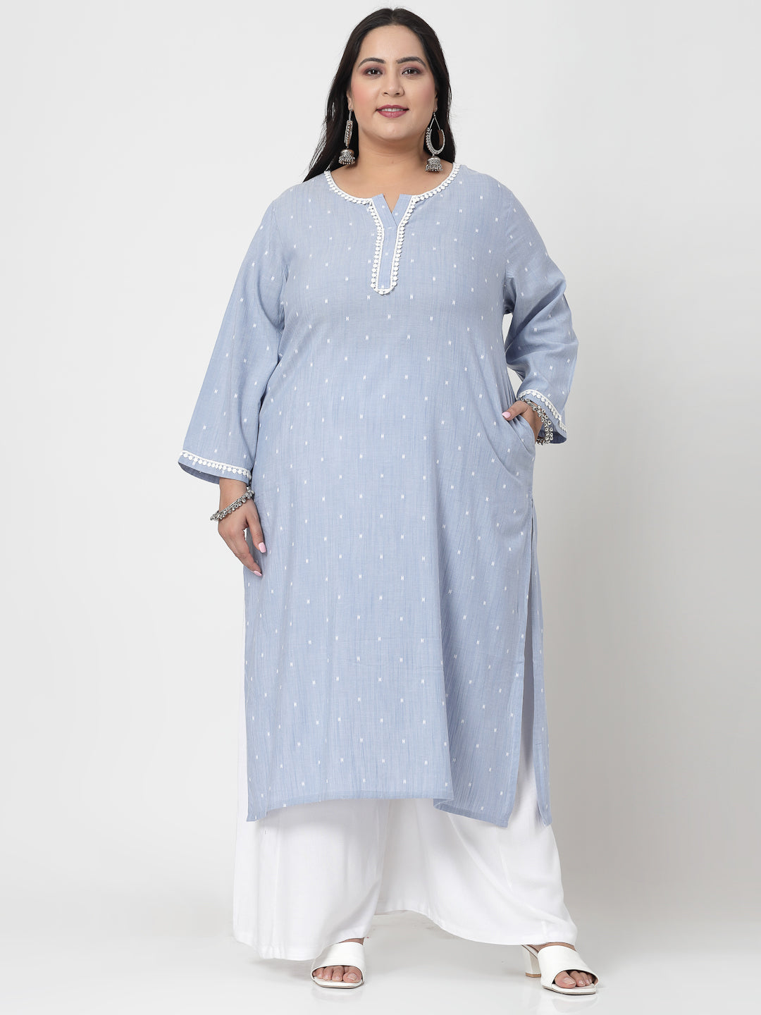 Women Sky Blue Plus Size Swiss-Dot Kurta With Lace - Kashyap Global Lifestyles LLP